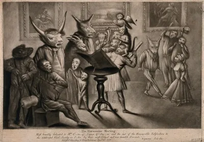Animals wearing human clothes play sounds and sing from a score open on a table, while others attending dance; represesenting musical soirées held by Teresa Cornelys