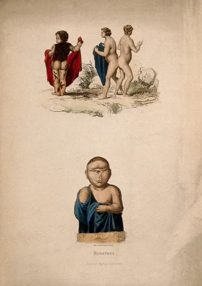 Anne-Marie Hérig, a girl with a skin abnormality; the conjoined twins Judith and Hélène; below, an infant with one central eye