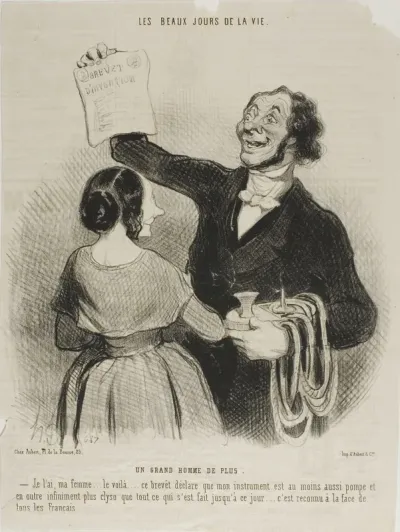 Another Great Man. “I have it in my hand, my dear... here it is in writing.... this document confirms that my invention is a well-pumped and infinitely more clysterized machine than anything invented thus far... all Frenchmen must accept that,” plate