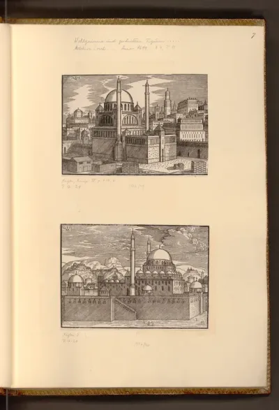 Ansichten einer Stadt mit einer großen Moschee, Paläste und Türme
