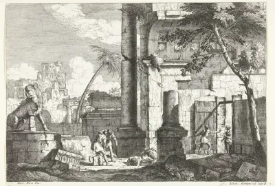 Antieke ruines met graf plunderaars en palmboom