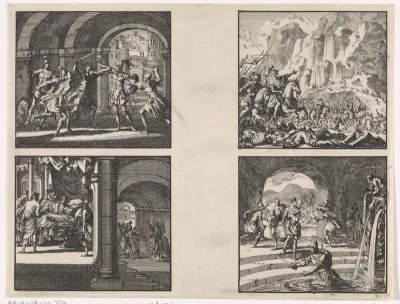 Antigonus wordt op bevel van zijn broer Aristobulus gedood / Sterfbed van koning Aristobulus / Herodes en zijn ruiters in gevecht met rovers / Gewapende vijanden slaan op de vlucht wanneer zij Herodes na zijn overwinning op het leger van Antigonus in