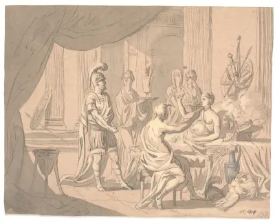 Antik scene. En fornem dame smykkes af andre damer foran en hjelmklædt kriger