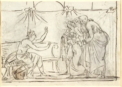 Antik scene. En siddende kronet helt taler til en gruppe af fire figurer, heriblandt en mindre pige og en gammel mand