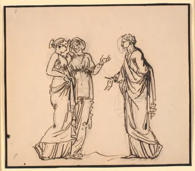 Antik scene med tre figurer, en mand der taler med to kvinder
