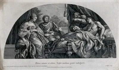 Antiochus is reclining on a bed while his physician Erasistratus is taking his pulse; King Seleucus and Queen Stratonice are seated at his bedside