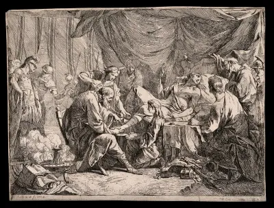 Antiochus IV of Syria, sick and injured by a fall from his chariot, dictates his will as surgeons bandage his leg