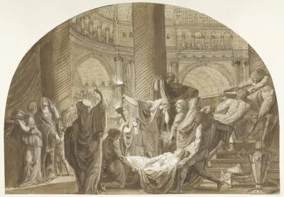 Antique Funeral Scene in a Mausoleum