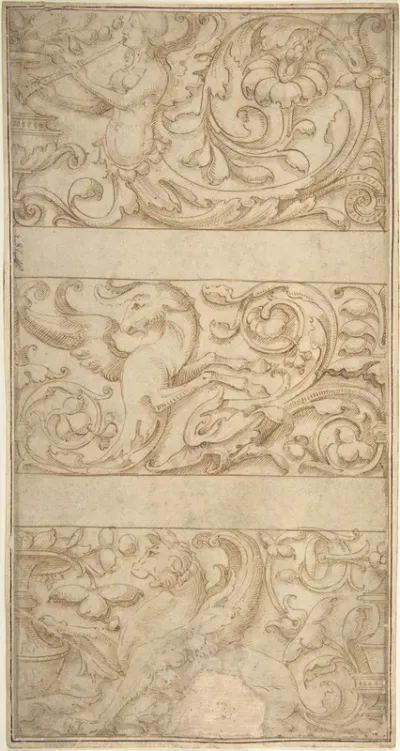 Antique-Style Ornament Frieze Design: Rinceaux with Grotesque Figures and Animals