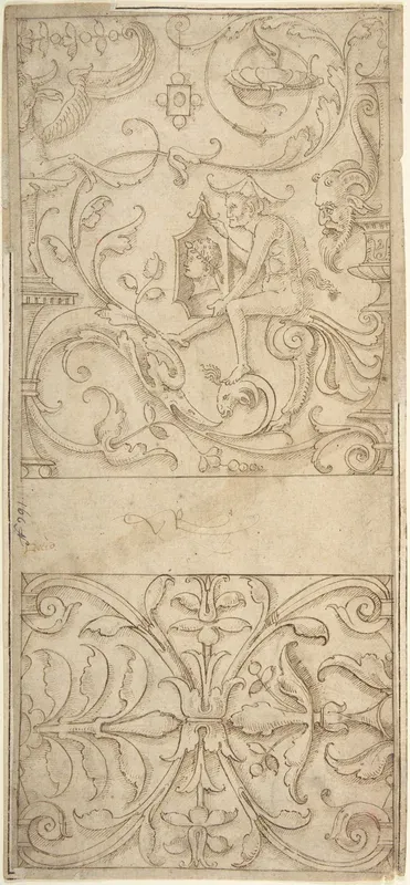 Antique-Style Ornamental Frieze Design: Grotteschi with Figures, Cornucopiae, and Shields