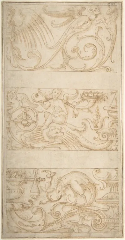 Antique-Style Ornamental Frieze Designs: Grotesques with Winged Infant, Masks, and Fantastic Animals