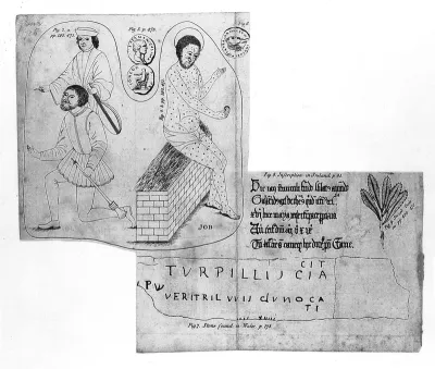 Antiquities: musicians and the suffering Job painted on the back of a door; Roman coins; a Roman inscribed stone; and the plant Sweet gale