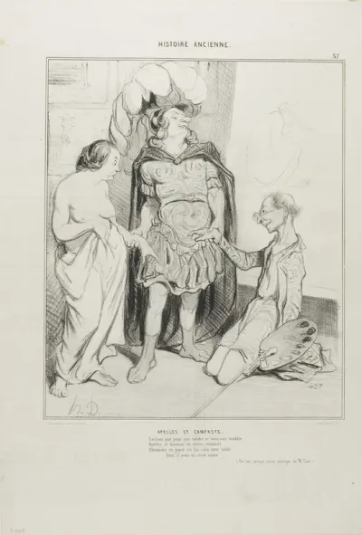 Apelles and Campaste. Aware that Apelles was wasting away with love Alexander gave him Campeste and above the first art deal ever now was struck girlfriend against sculpture, oh what luck! (From Art and the Antique, a poetic essay by M. Cavé), plate 