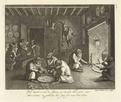 Apen eten oesters in een herberg