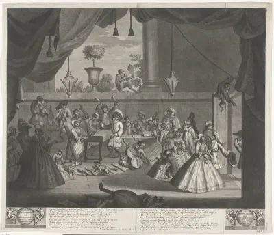 Apen in de hedendaagse mode van rokken met baleinen, 1716