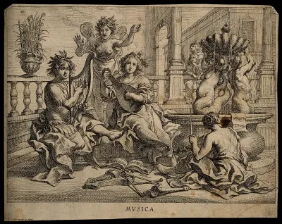 Apollo and a woman play music near a fountain, while a winged nymph sings; representing music