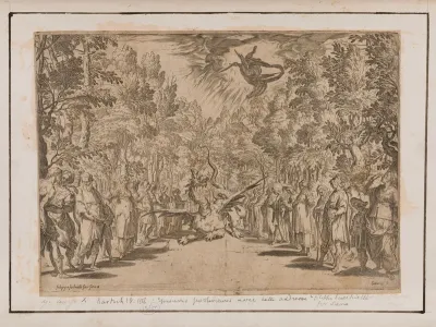 Apollo descending to kill the Python, surrounded by men and women of Delphi; representing the power of music to affect the human mind