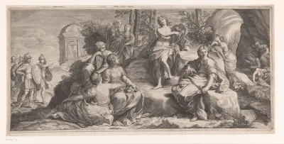 Apollo en de muzen met aankomende soldaten