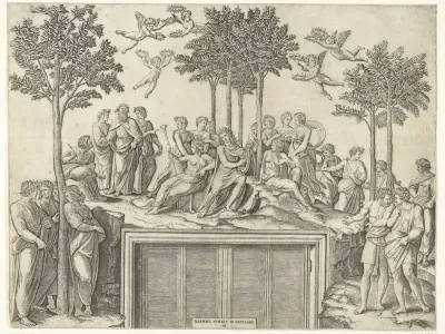 Apollo en muzen op berg Parnassus