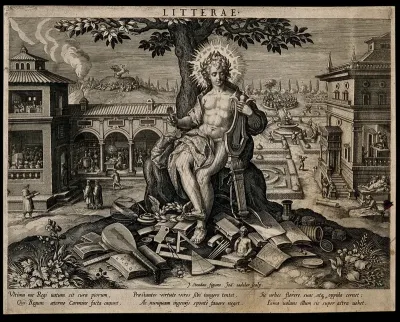 Apollo, god of literature, plays his harp; a town goes about its rituals