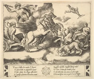 Apollo in his horse-drawn chariot at the left, above him above Jupiter hurls a thunderbolt, Venus at right in her chariot drawn by animals, from "Story of Apollo and Daphne"