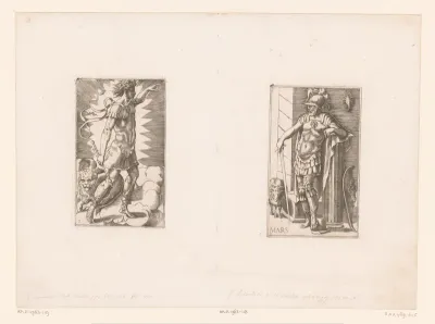 Apollo in wapenrusting omgeven door zonnestralen, naast hem een leeuw