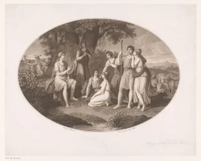 Apollo lier spelend voor herders en herderinnen, links op achtergrond Mercurius