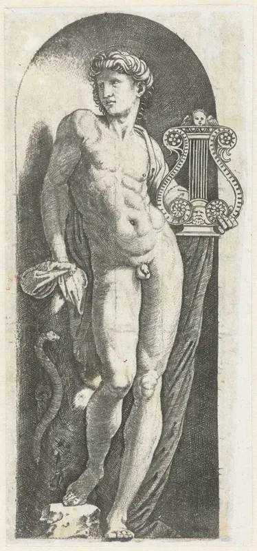 Apollo met harp staand in nis