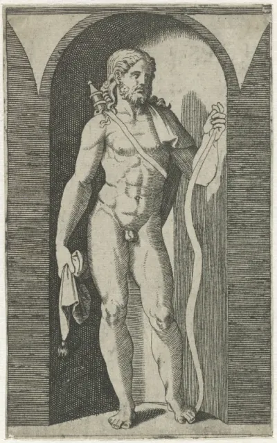 Apollo met pijlkoker en slang staand in nis