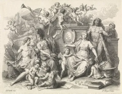 Apollo, Minerva, Rechtvaardigheid en Hercules rond een wapenschild