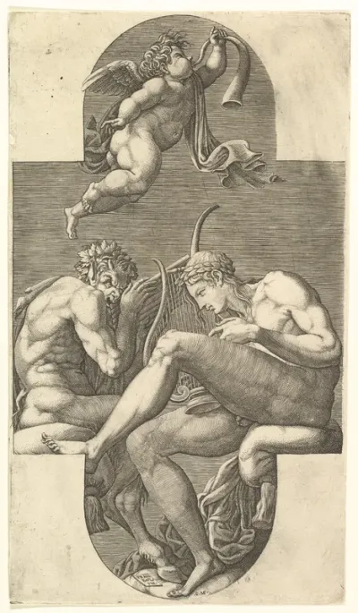 Apollo, Pan, and a Putto Blowing a Horn,  a cruciform composition, from a series of eight compositions after Francesco Primaticcio's designs for the ceiling of the Gallery of Ulysses (destroyed 1738-39) at Fontainebleau