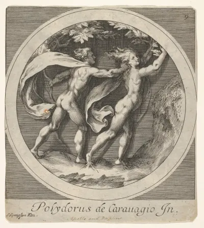 Apollo pursuing Daphne, whose toes take the form of tree roots, a round composition, reverse copy after a series of engravings by Cherubino Alberti of mythological scenes after Polidoro da Caravaggio