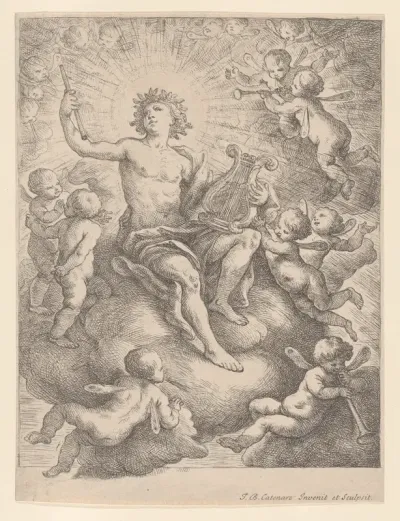 Apollo, seated on a cloud and holding a lyre and pipe, surrounded by putti