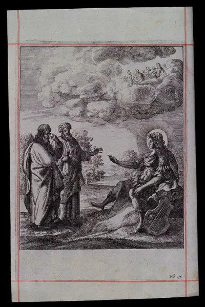 Apollo sits on a mound, his lyre beside him, and points with his right hand to two men who face him; illustration for a fable