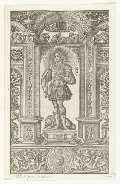 Apollo (Sol) met sterrenbeeld Leeuw in architecturale omlijsting