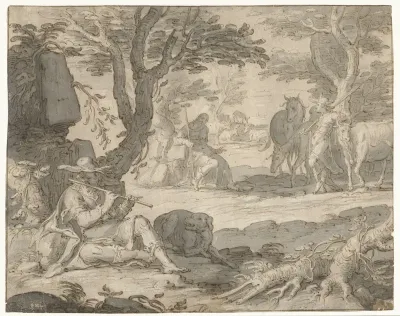 Apollo speelt de fluit terwijl hij de kudde van Admetus hoedt