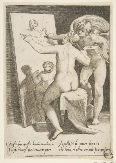 Apollo standing a beside a woman representing an allegory of painting, from "The Loves of the Gods"