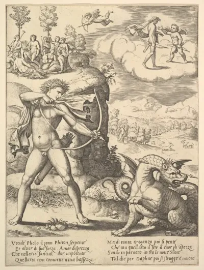 Apollo standing at left shooting a python with an arrow, above to the left are the muses and at right on a cloud Cupid approaching Apollo, from the "Story of Apollo and Daphne"