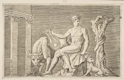 Apollo tending the flocks of Admetus, Apollo seated holding a lyre and flanked by a cow and a dog, a serpent winding around a dead tree at right