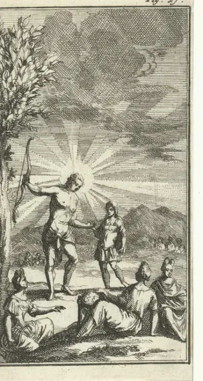 Apollo toont een jongeling drie muzen