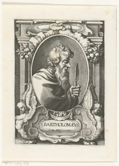Apostel Bartholomeus met mes in omlijsting met architectuur ornamenten