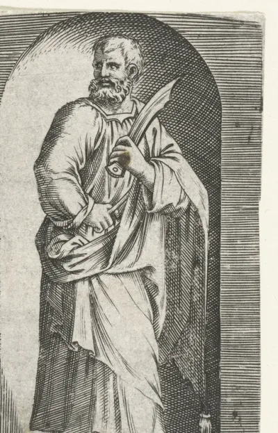 Apostel Bartolomeüs met mes staand in nis