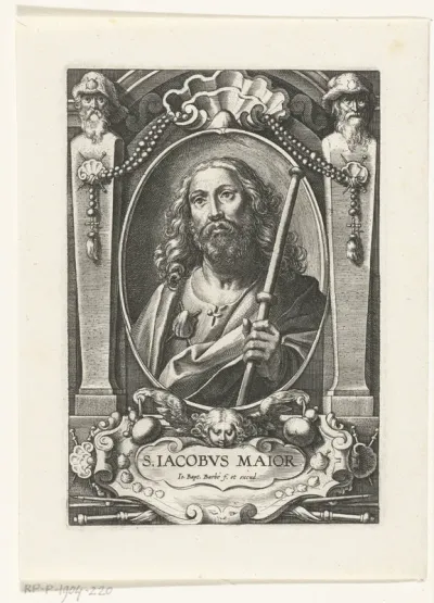Apostel Jakobus de Meerdere (Jacobus Maior) met pelgrimsstaf in omlijsting met architectuur ornamenten