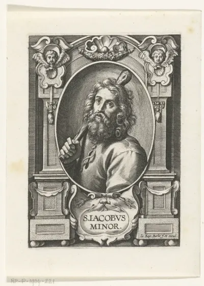 Apostel Jakobus de Mindere (Jacobus Minor) met knots in omlijsting met architectuur ornamenten