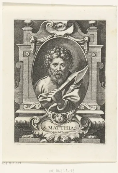 Apostel Matthias met bijl in omlijsting met architectuur ornamenten