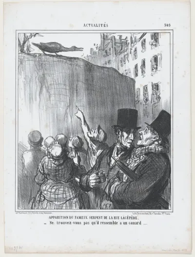 Apparition du fameux serpent de la rue Lacépède..., from Actualités, published in "Le Charivari"