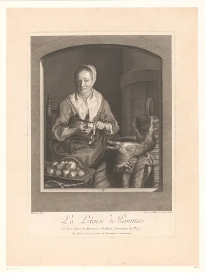 Appelschillende vrouw in een keukeninterieur