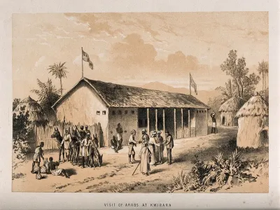 Arabs visiting Kwirara in Africa; Arab and European explorers shaking hands