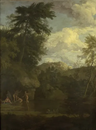Arcadian landscape with bathing Diana