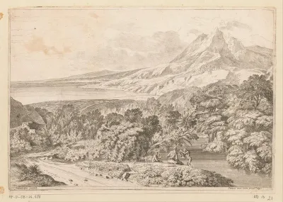 Arcadisch berglandschap met badende figuren bij een beek